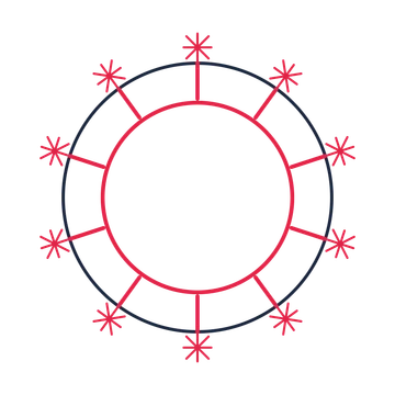 A circular emblem with 10 fan motifs, fine concentric rings and a spokes structure.