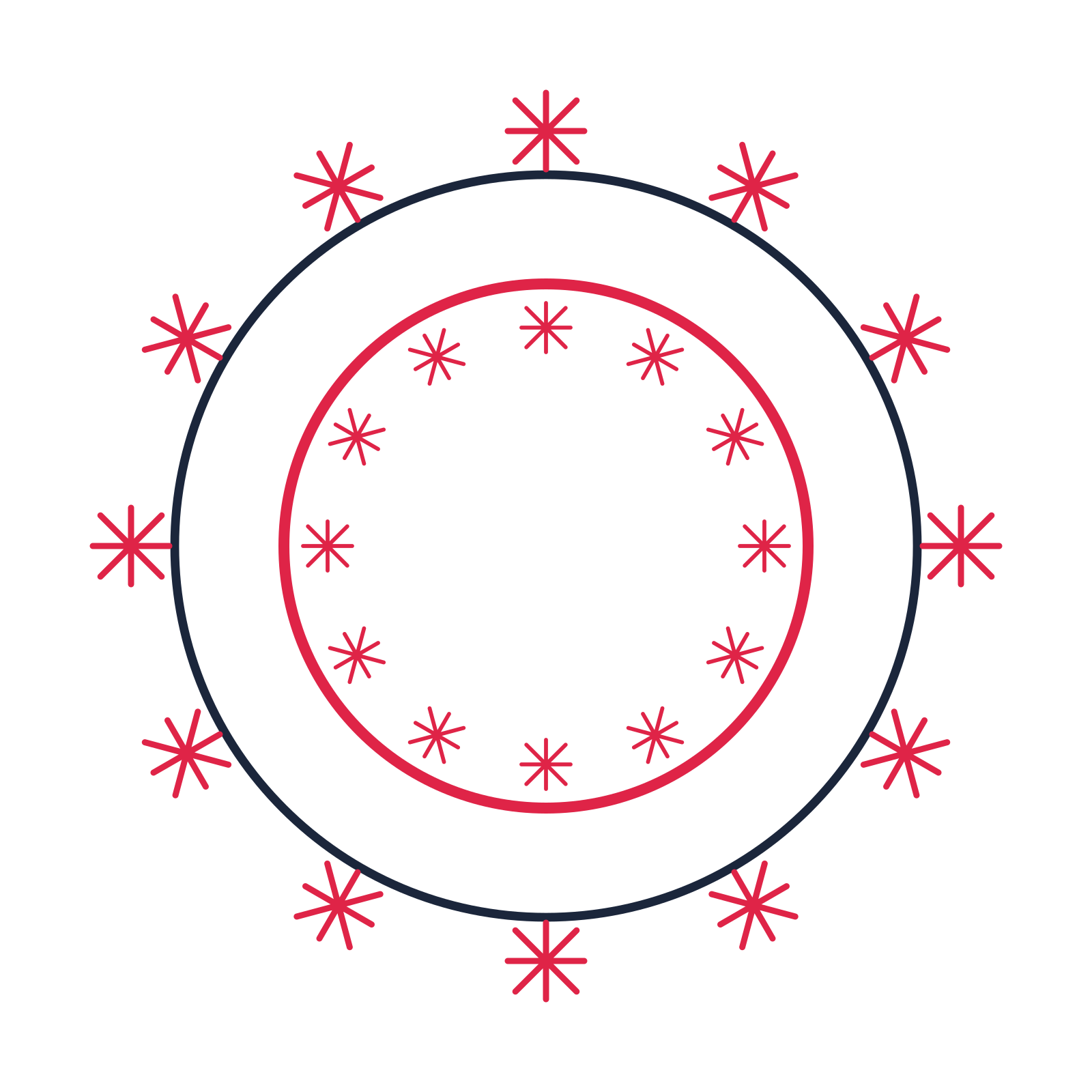 A circular emblem with 12 fan motifs, fine concentric rings and a double orbit structure.