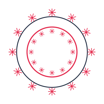 A circular emblem with 12 fan motifs, fine concentric rings and a double orbit structure.