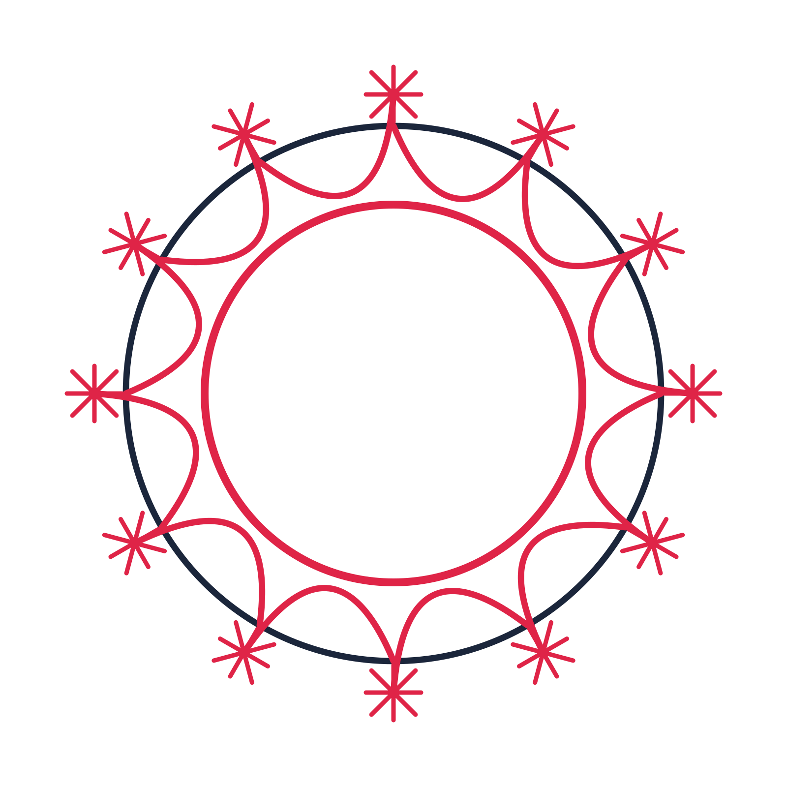 A circular emblem with 12 fan motifs, fine concentric rings and a interlaced structure.