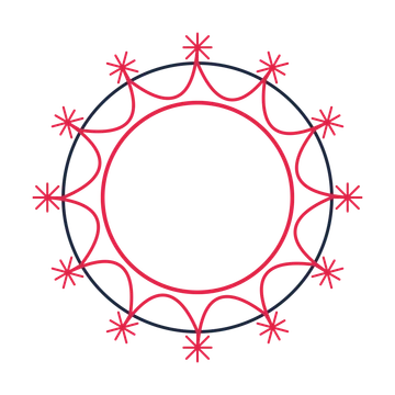 A circular emblem with 12 fan motifs, fine concentric rings and a interlaced structure.