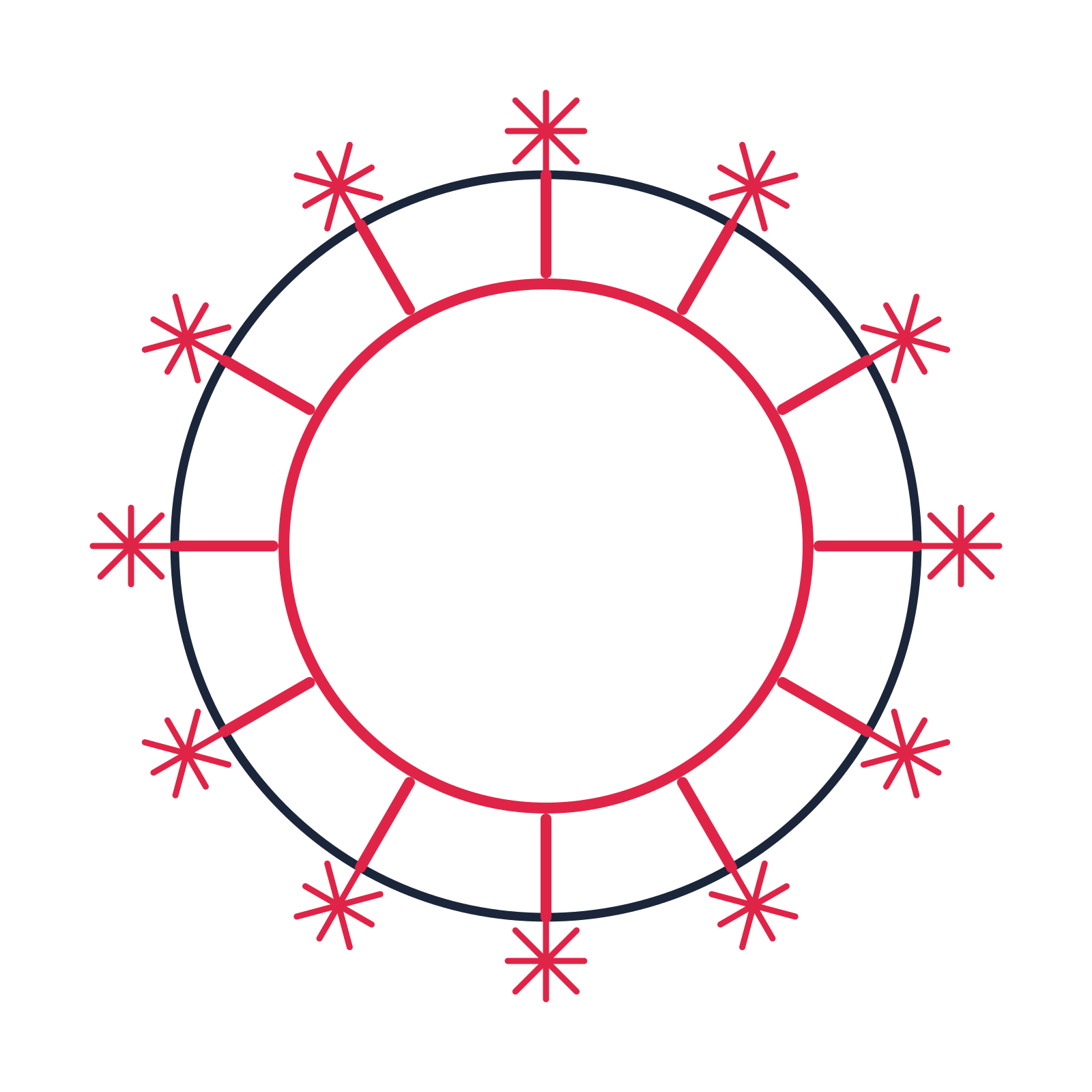 A circular emblem with 12 fan motifs, fine concentric rings and a spokes structure.