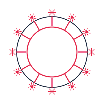 A circular emblem with 12 fan motifs, fine concentric rings and a spokes structure.