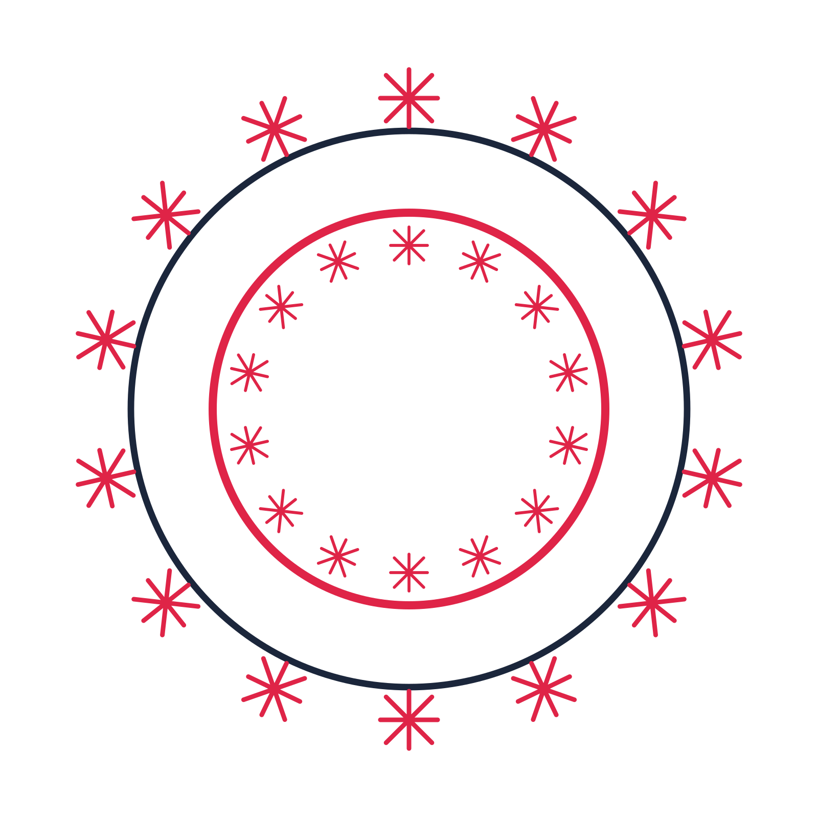 A circular emblem with 14 fan motifs, fine concentric rings and a double orbit structure.