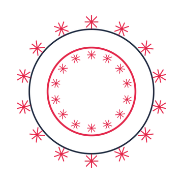 A circular emblem with 14 fan motifs, fine concentric rings and a double orbit structure.