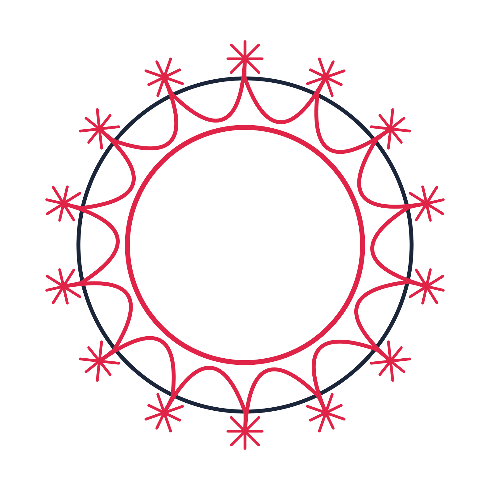 A circular emblem with 14 fan motifs, fine concentric rings and a interlaced structure.