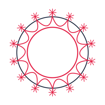 A circular emblem with 14 fan motifs, fine concentric rings and a interlaced structure.