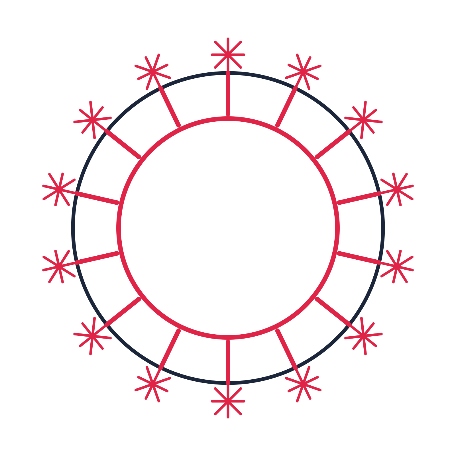 A circular emblem with 14 fan motifs, fine concentric rings and a spokes structure.
