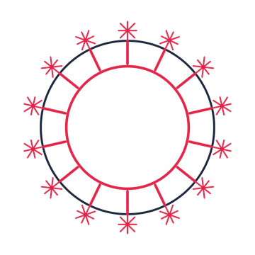 A circular emblem with 14 fan motifs, fine concentric rings and a spokes structure.