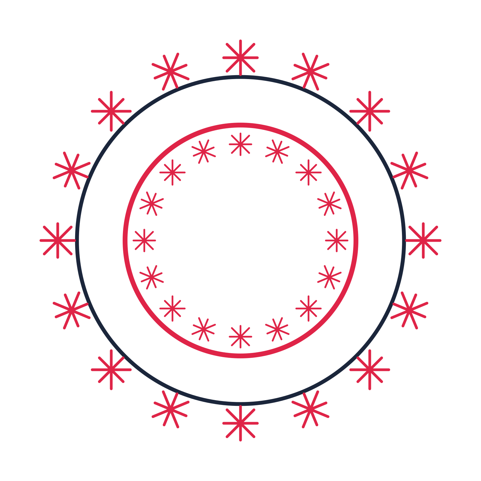 A circular emblem with 16 fan motifs, fine concentric rings and a double orbit structure.