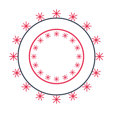 A circular emblem with 16 fan motifs, fine concentric rings and a double orbit structure.