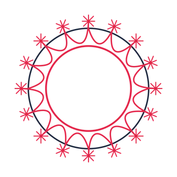 A circular emblem with 16 fan motifs, fine concentric rings and a interlaced structure.
