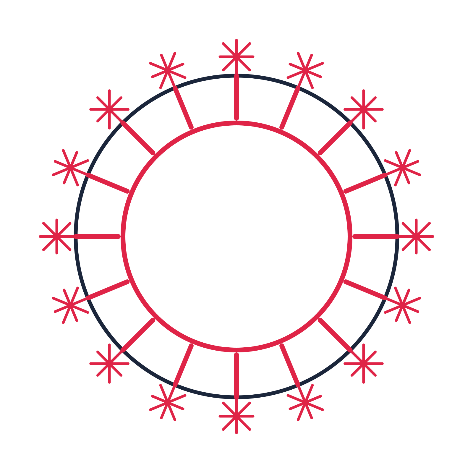 A circular emblem with 16 fan motifs, fine concentric rings and a spokes structure.