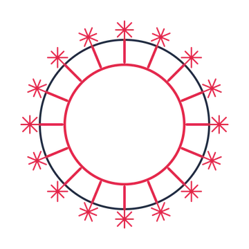 A circular emblem with 16 fan motifs, fine concentric rings and a spokes structure.