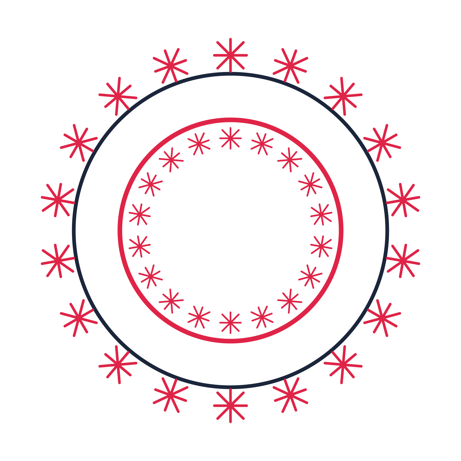 A circular emblem with 18 fan motifs, fine concentric rings and a double orbit structure.
