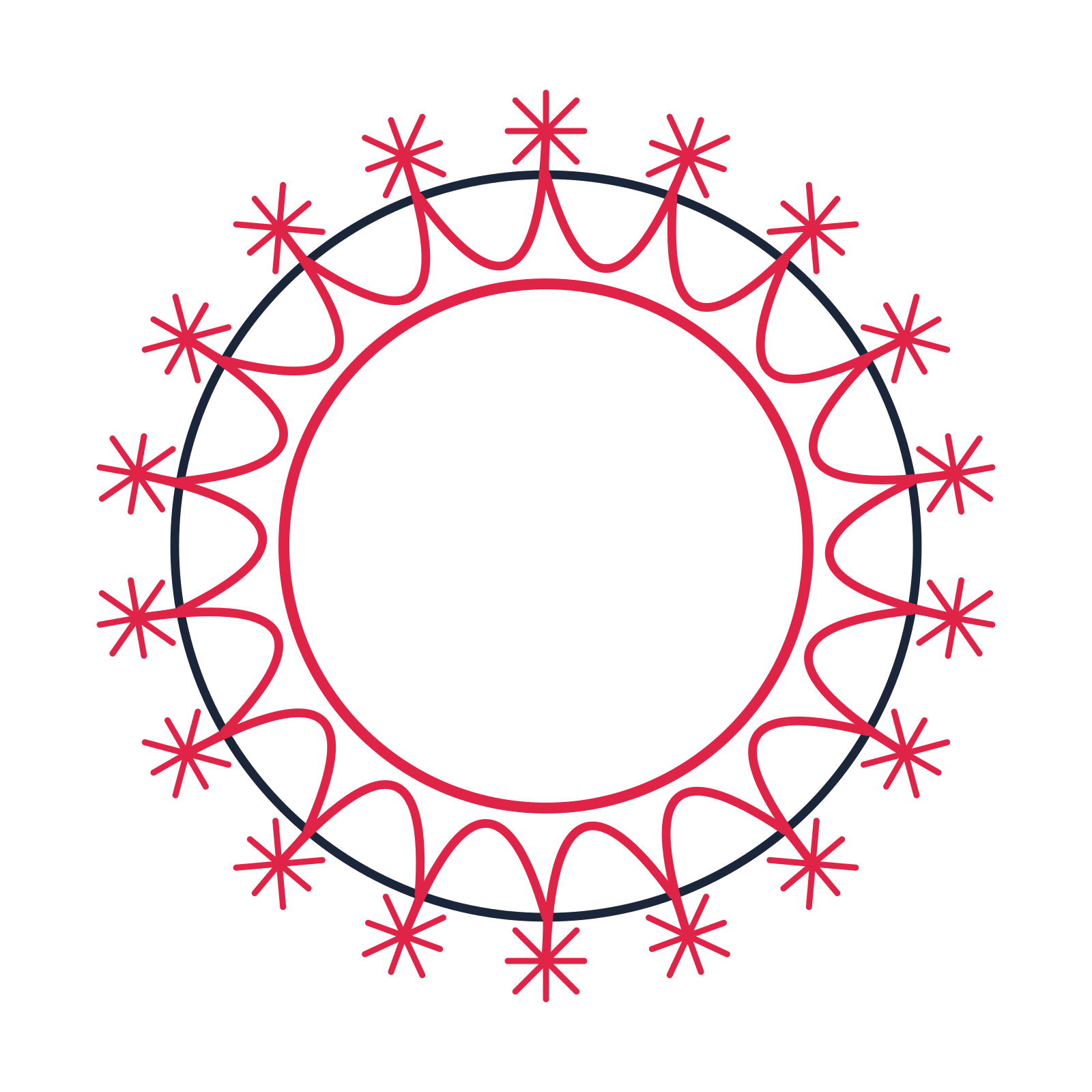 A circular emblem with 18 fan motifs, fine concentric rings and a interlaced structure.