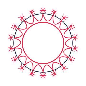 A circular emblem with 18 fan motifs, fine concentric rings and a interlaced structure.