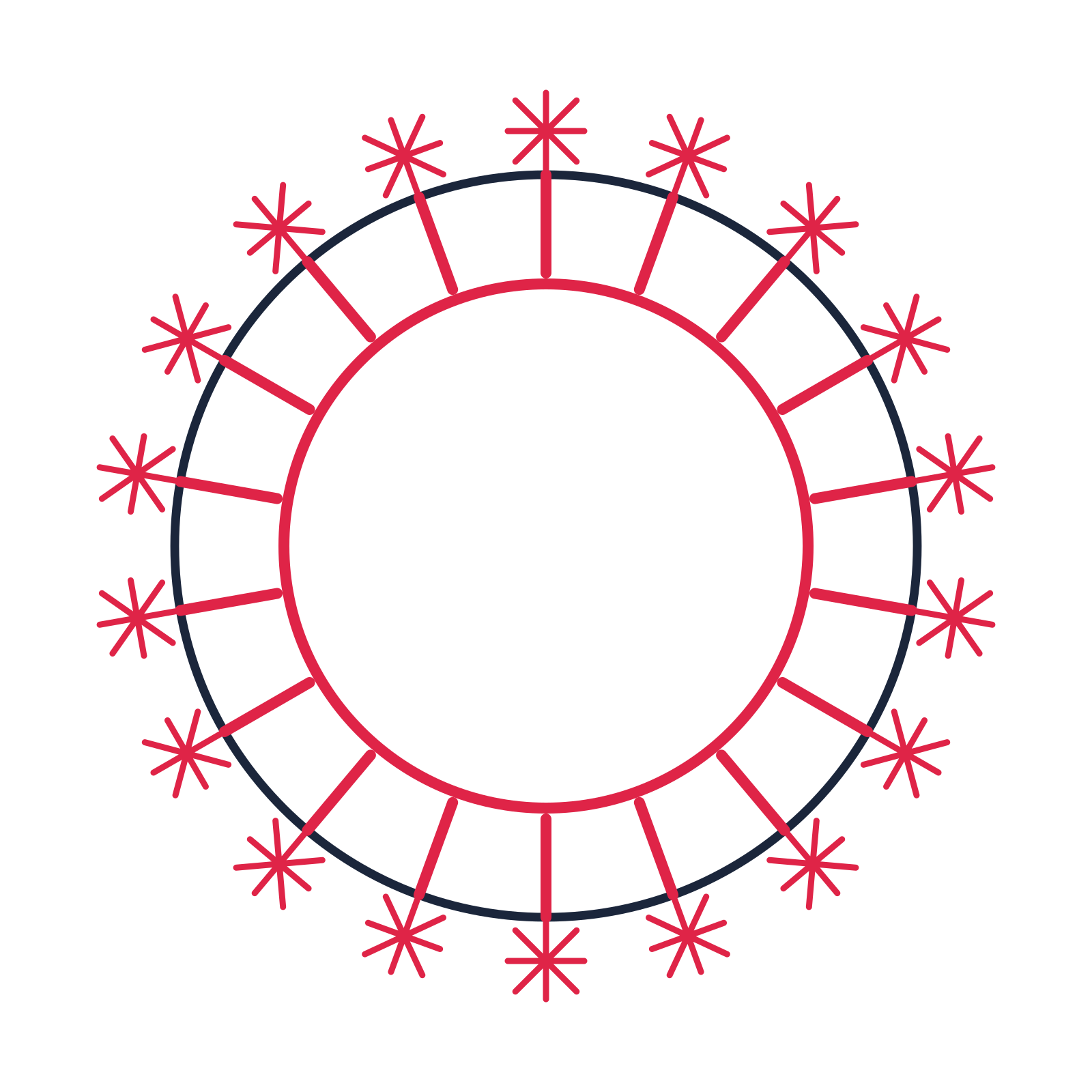 A circular emblem with 18 fan motifs, fine concentric rings and a spokes structure.
