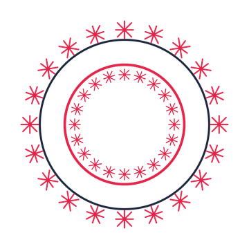 A circular emblem with 20 fan motifs, fine concentric rings and a double orbit structure.