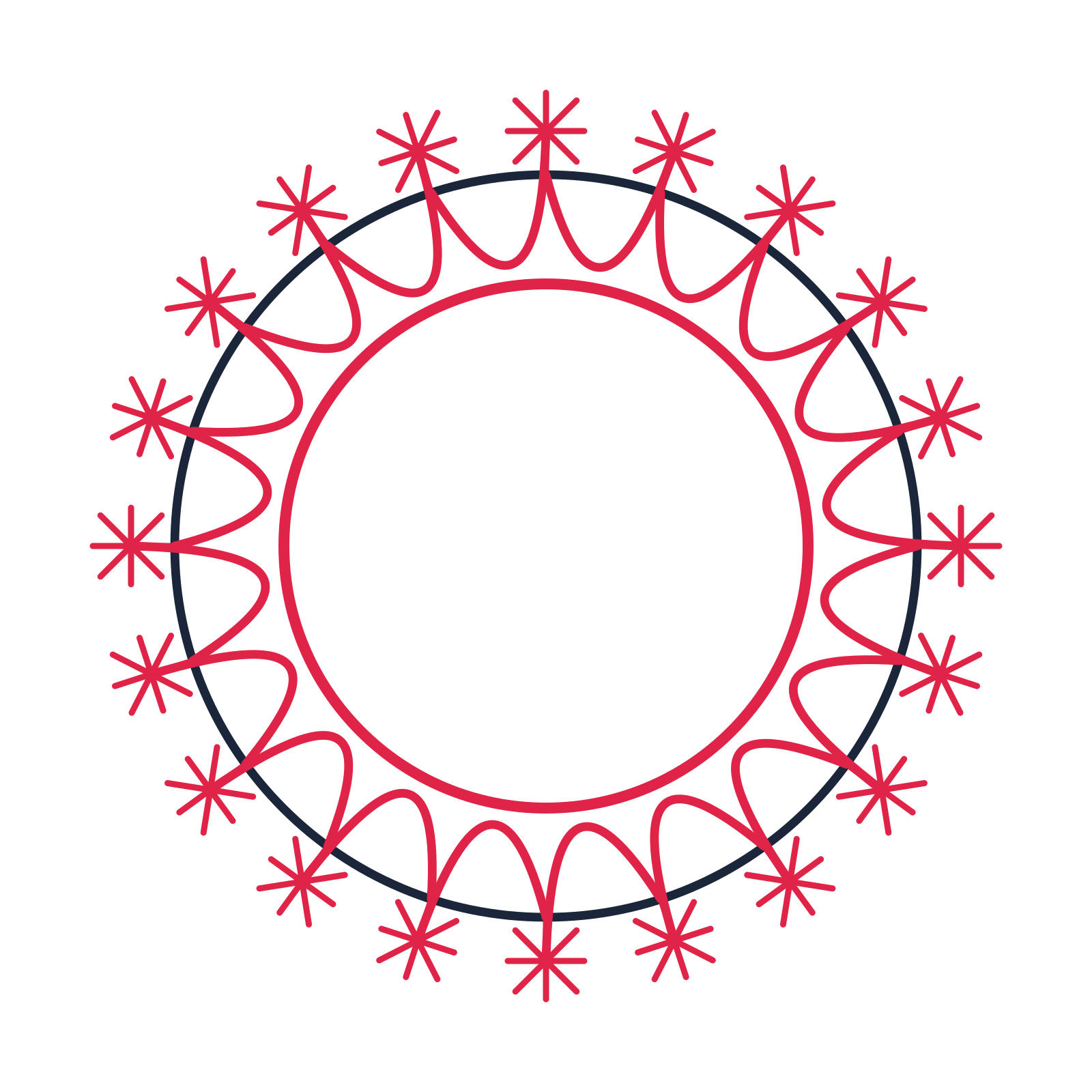 A circular emblem with 20 fan motifs, fine concentric rings and a interlaced structure.