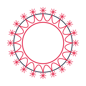 A circular emblem with 20 fan motifs, fine concentric rings and a interlaced structure.