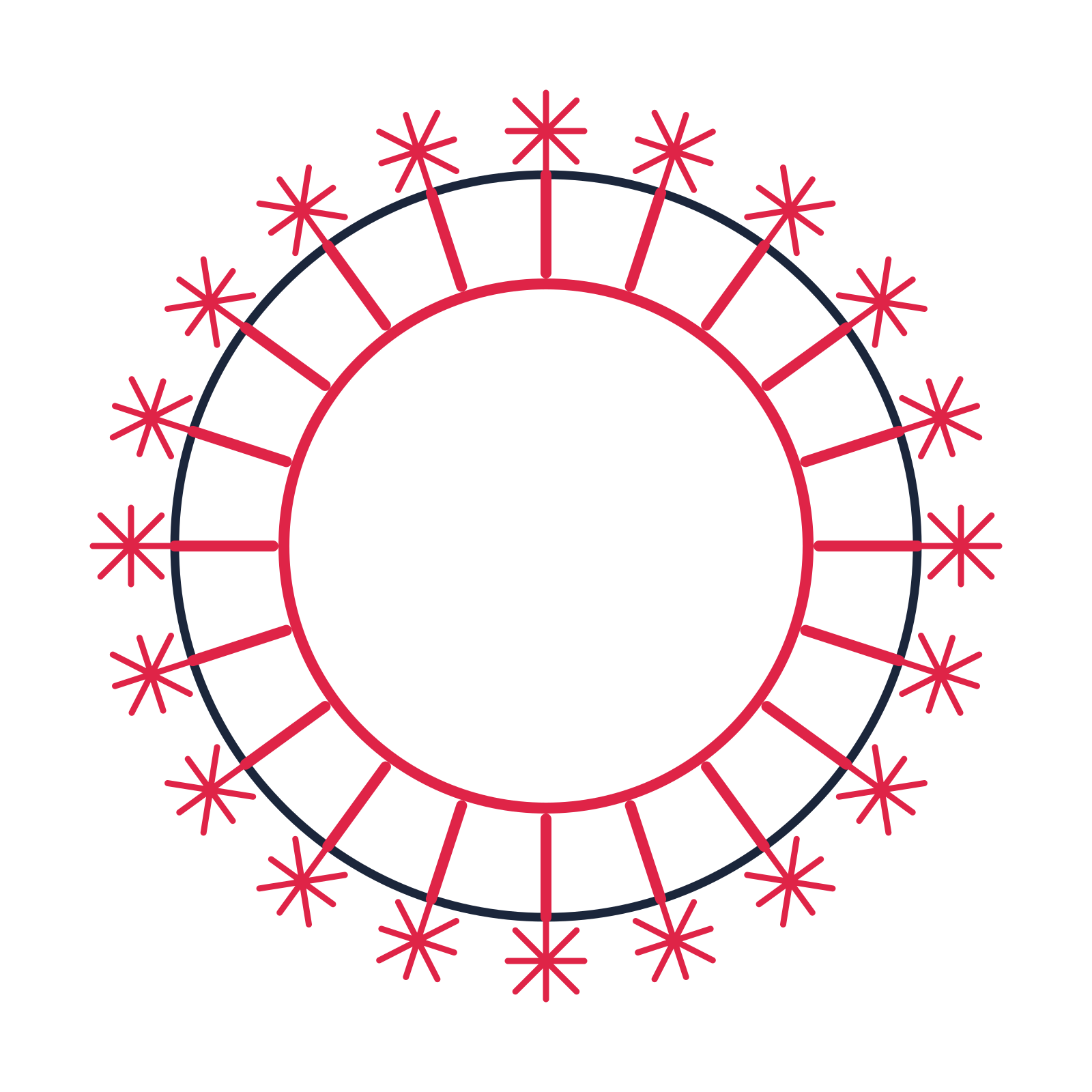 A circular emblem with 20 fan motifs, fine concentric rings and a spokes structure.