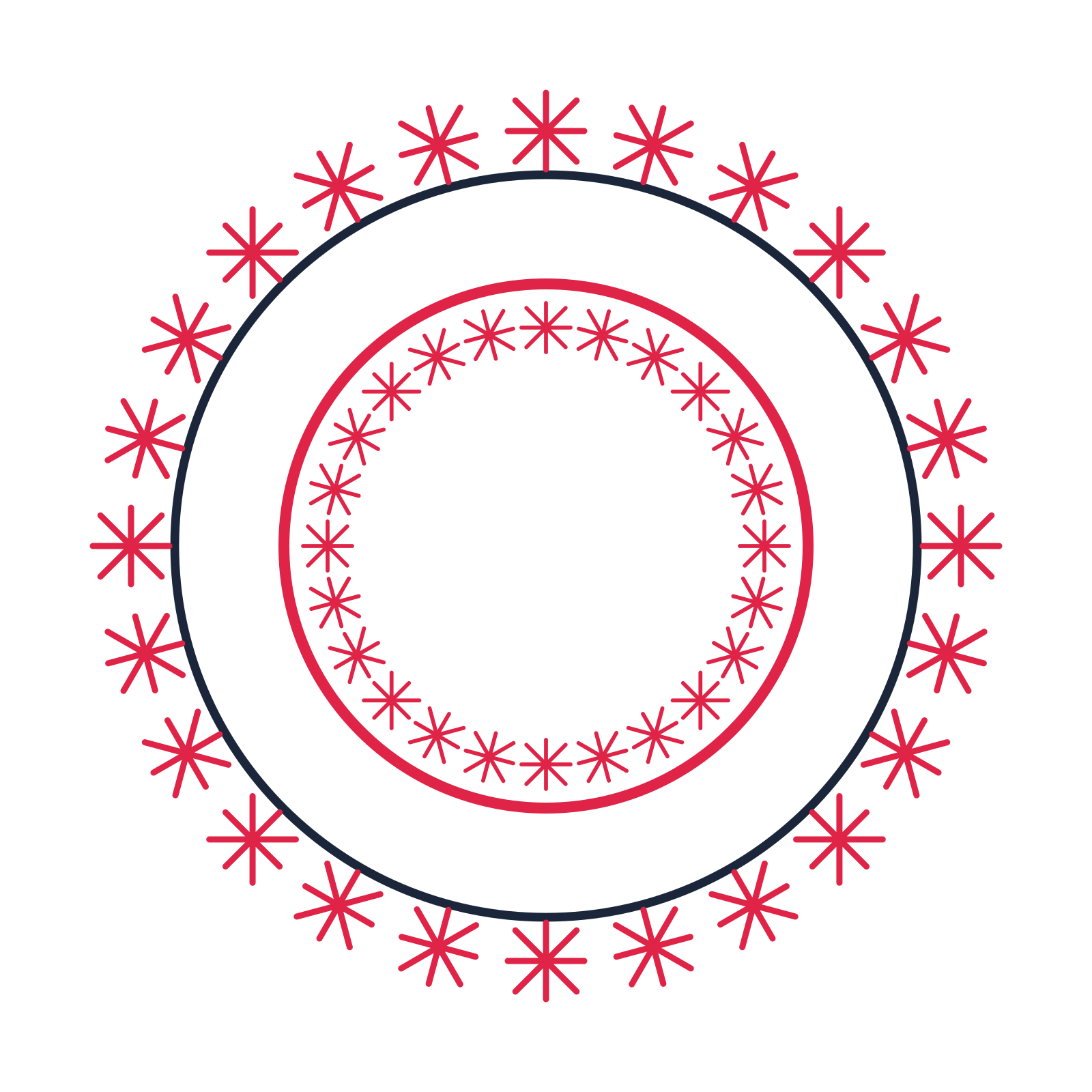 A circular emblem with 24 fan motifs, fine concentric rings and a double orbit structure.