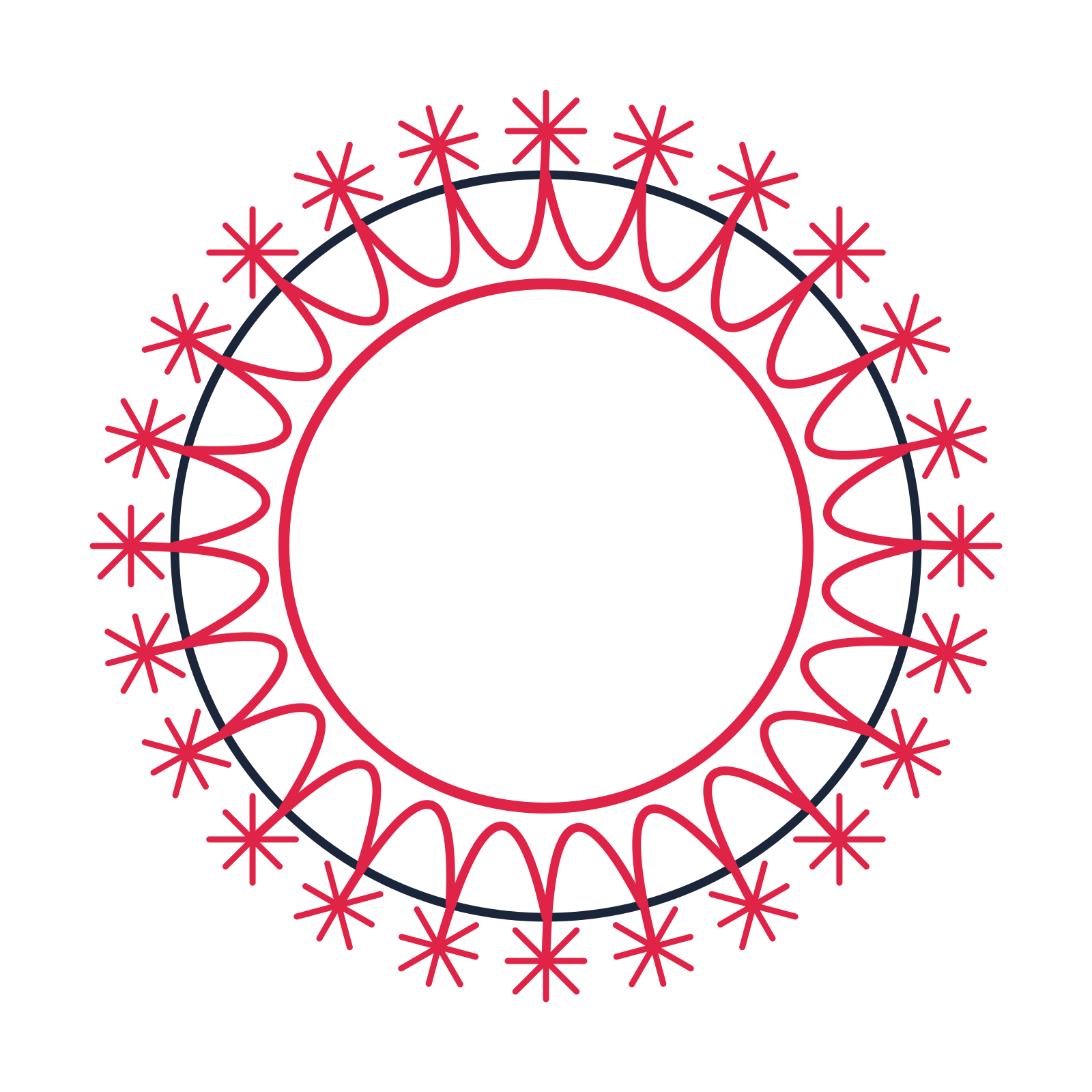 A circular emblem with 24 fan motifs, fine concentric rings and a interlaced structure.
