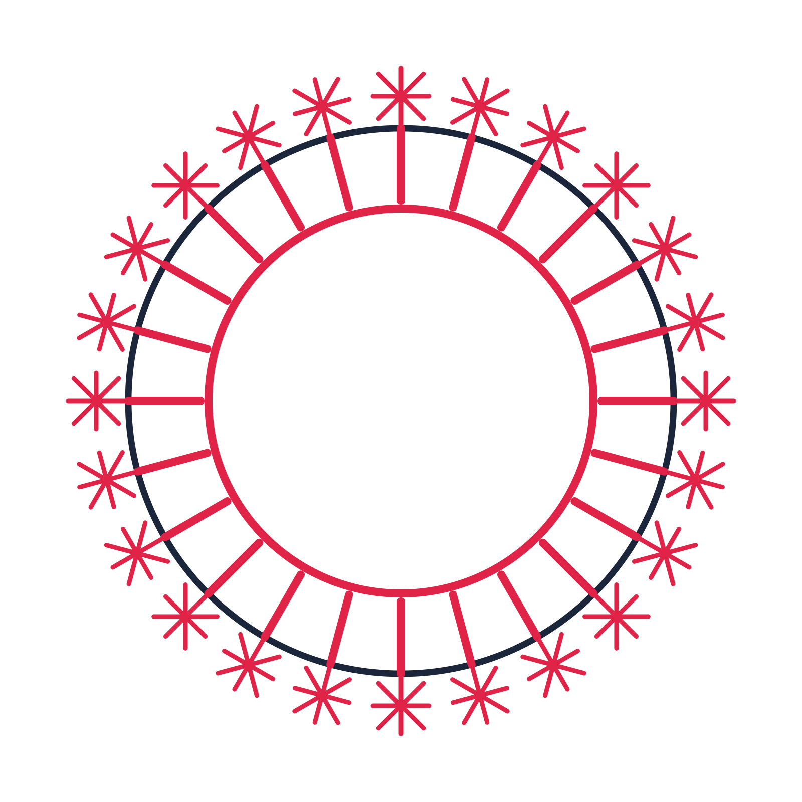 A circular emblem with 24 fan motifs, fine concentric rings and a spokes structure.