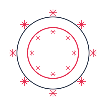 A circular emblem with 8 fan motifs, fine concentric rings and a double orbit structure.