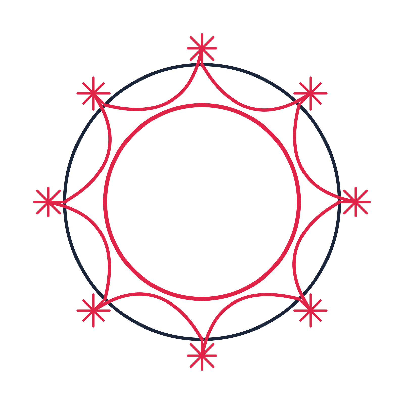 A circular emblem with 8 fan motifs, fine concentric rings and a interlaced structure.