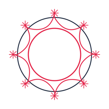 A circular emblem with 8 fan motifs, fine concentric rings and a interlaced structure.