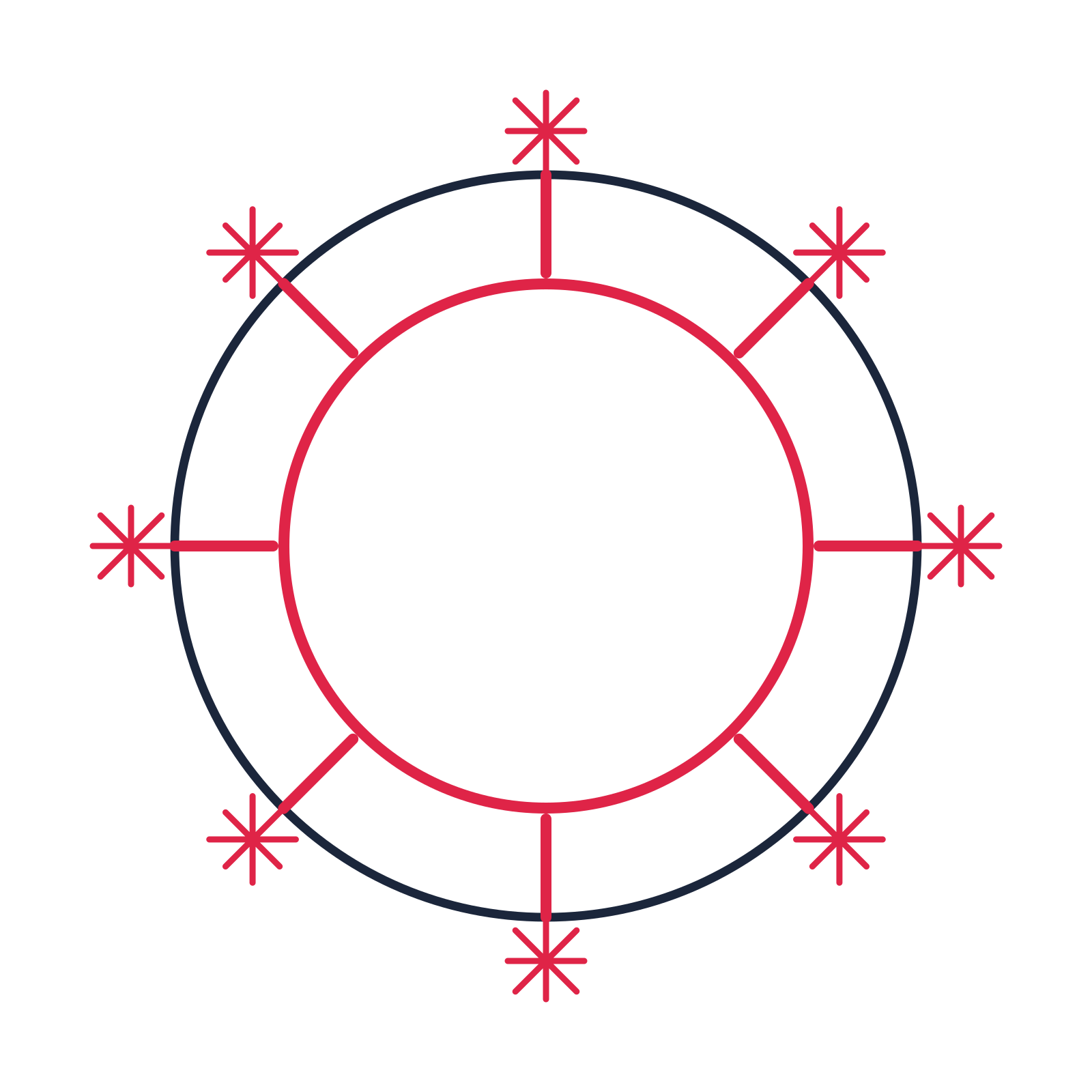A circular emblem with 8 fan motifs, fine concentric rings and a spokes structure.