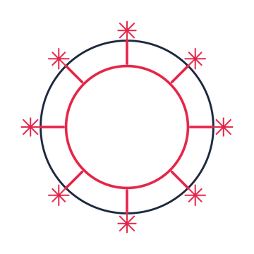 A circular emblem with 8 fan motifs, fine concentric rings and a spokes structure.