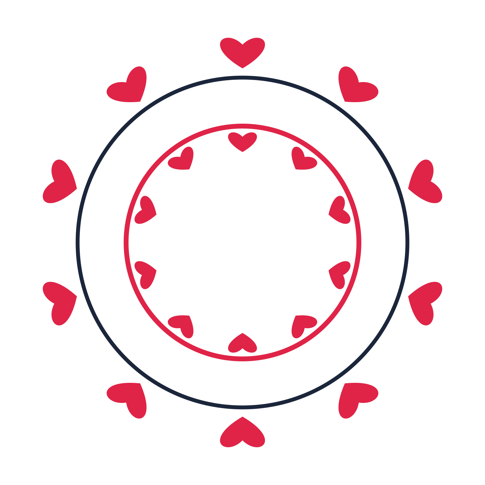 A circular emblem with 10 heart motifs, fine concentric rings and a double orbit structure.