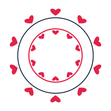 A circular emblem with 10 heart motifs, fine concentric rings and a double orbit structure.
