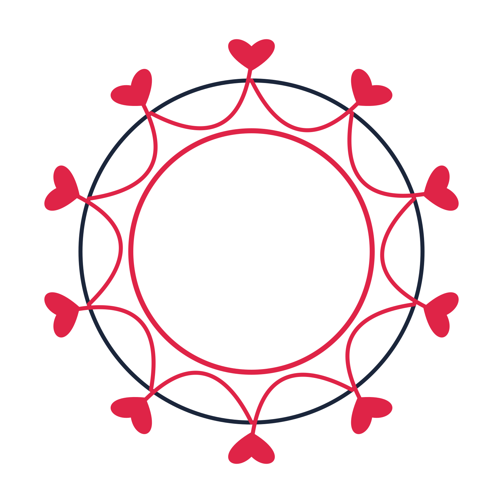 A circular emblem with 10 heart motifs, fine concentric rings and a interlaced structure.
