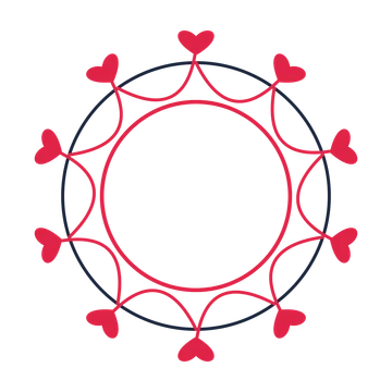 A circular emblem with 10 heart motifs, fine concentric rings and a interlaced structure.