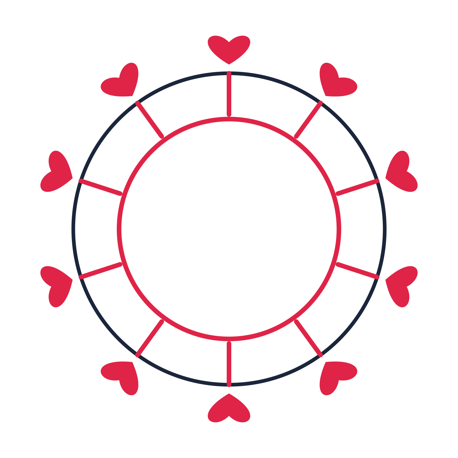 A circular emblem with 10 heart motifs, fine concentric rings and a spokes structure.