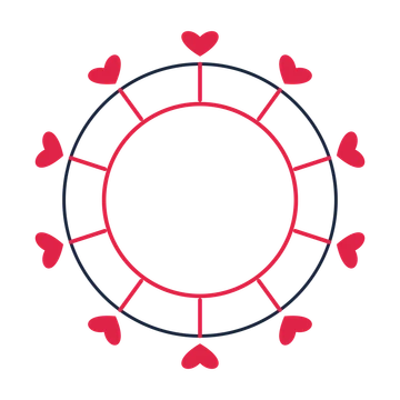 A circular emblem with 10 heart motifs, fine concentric rings and a spokes structure.