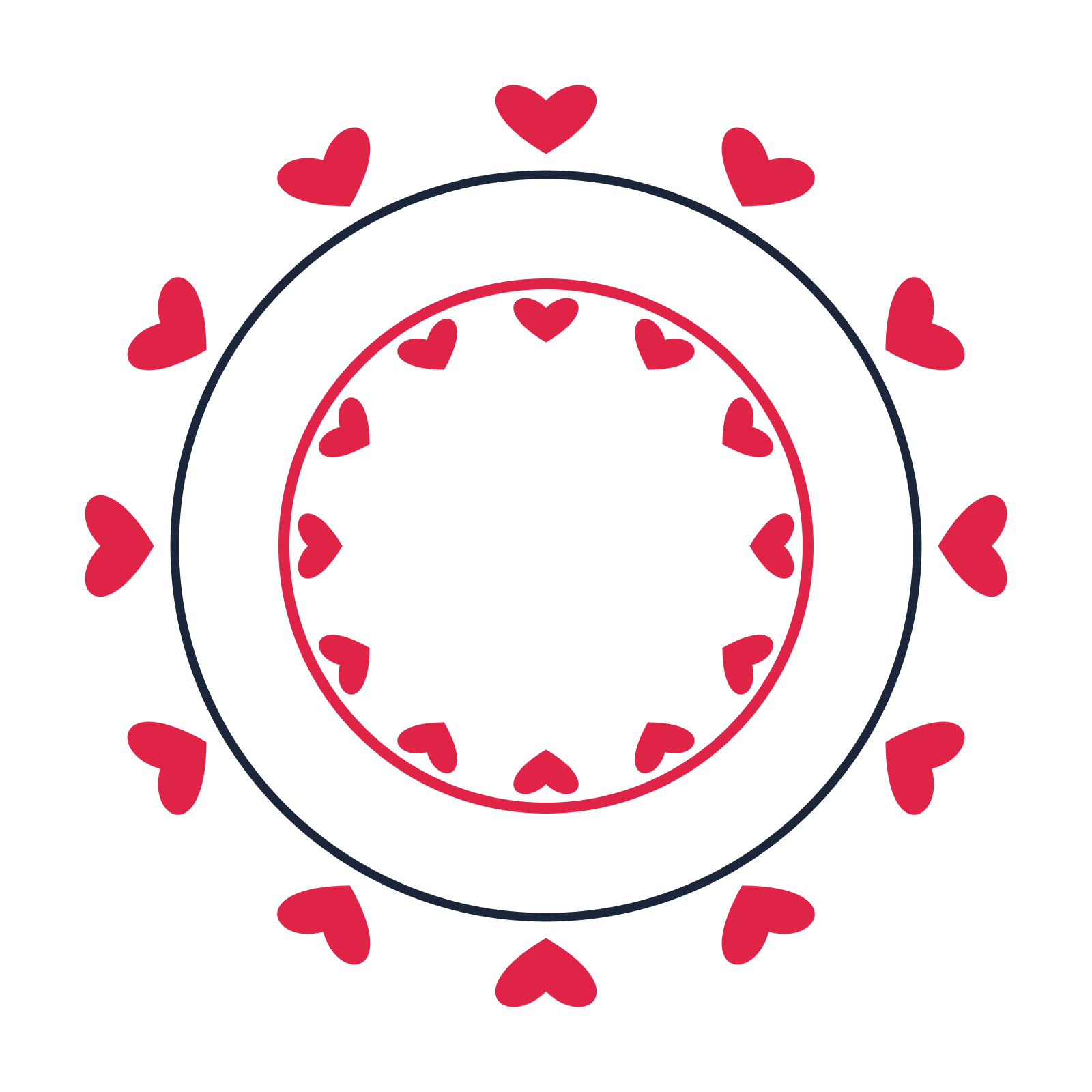A circular emblem with 12 heart motifs, fine concentric rings and a double orbit structure.