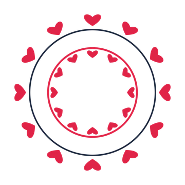 A circular emblem with 12 heart motifs, fine concentric rings and a double orbit structure.