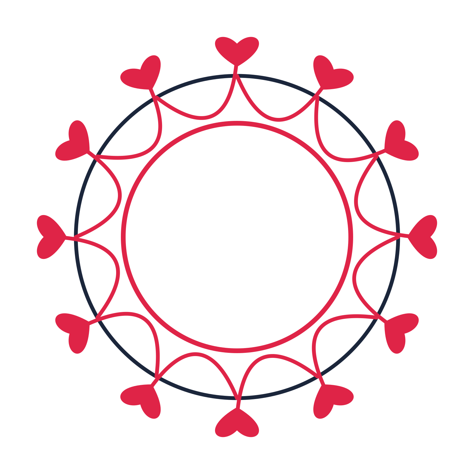 A circular emblem with 12 heart motifs, fine concentric rings and a interlaced structure.