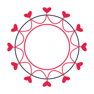 A circular emblem with 12 heart motifs, fine concentric rings and a interlaced structure.