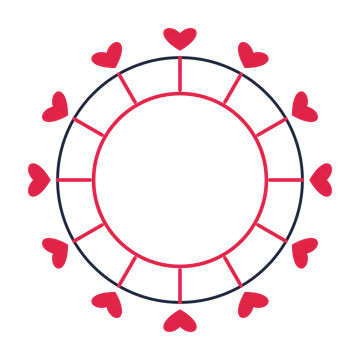 A circular emblem with 12 heart motifs, fine concentric rings and a spokes structure.
