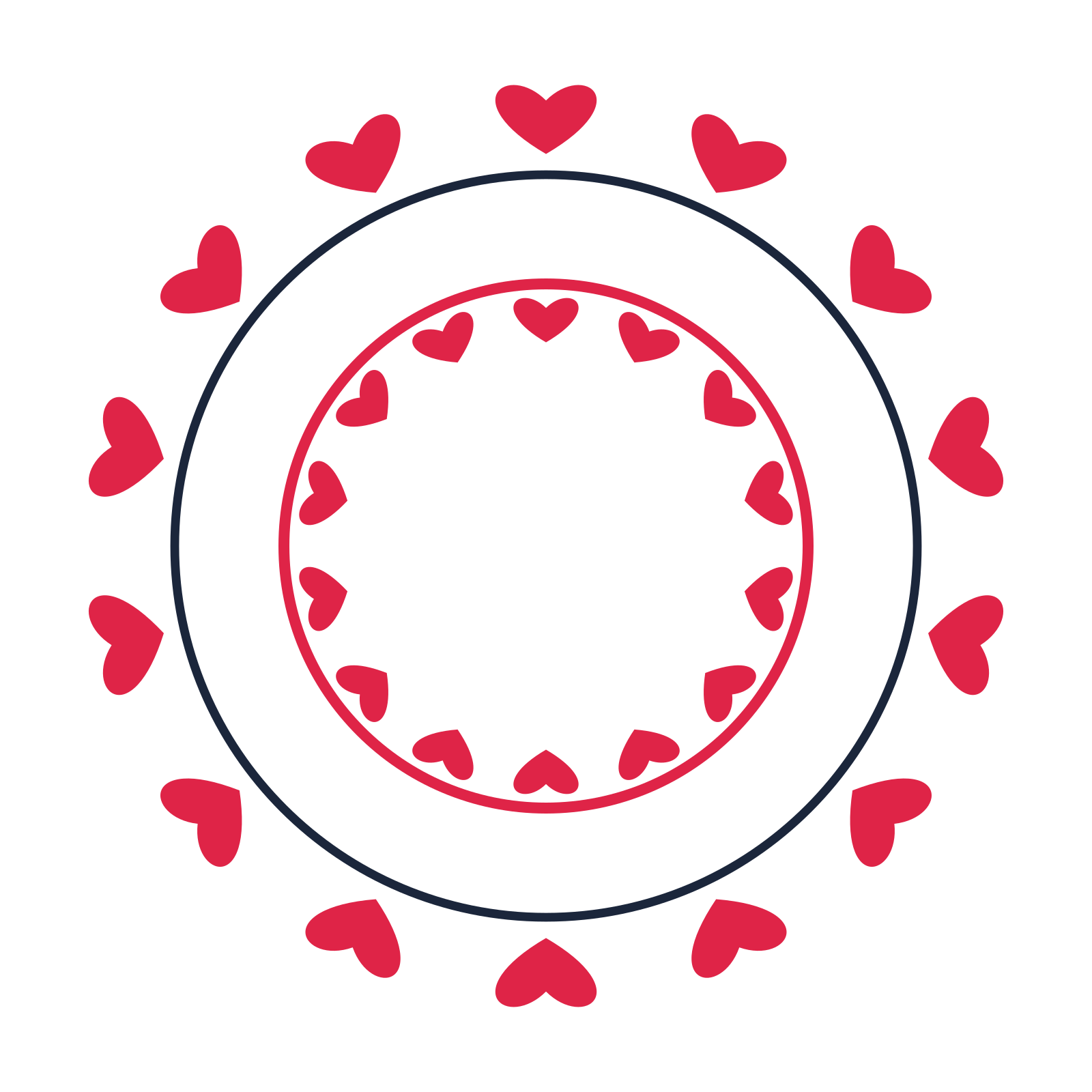 A circular emblem with 14 heart motifs, fine concentric rings and a double orbit structure.