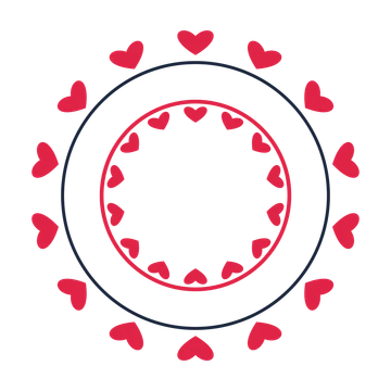 A circular emblem with 14 heart motifs, fine concentric rings and a double orbit structure.