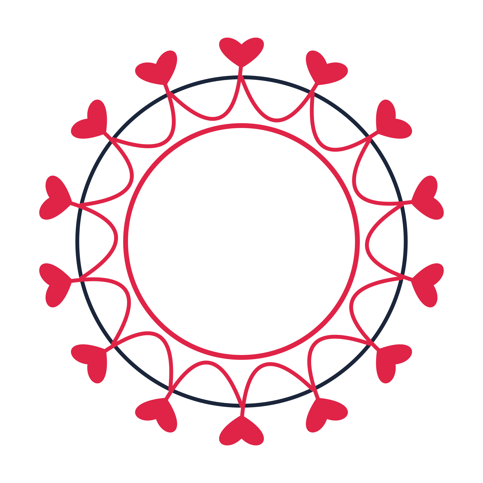 A circular emblem with 14 heart motifs, fine concentric rings and a interlaced structure.