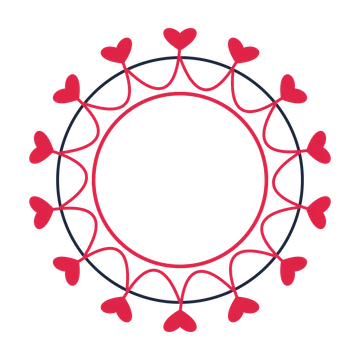 A circular emblem with 14 heart motifs, fine concentric rings and a interlaced structure.
