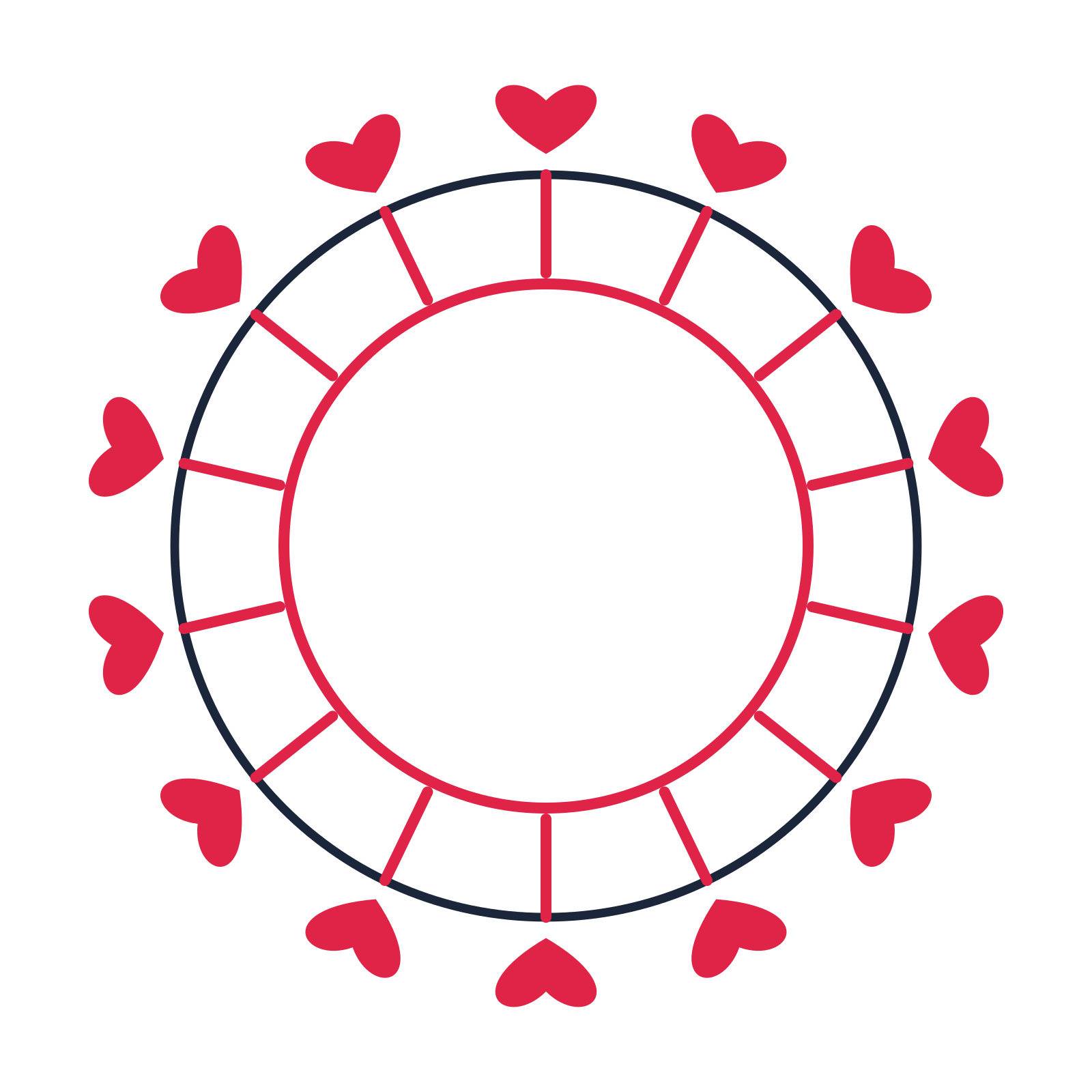 A circular emblem with 14 heart motifs, fine concentric rings and a spokes structure.